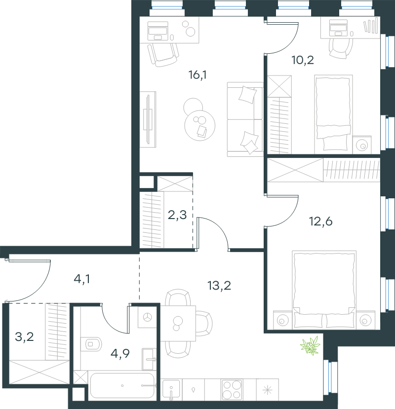 3 ккв 66,6 м²