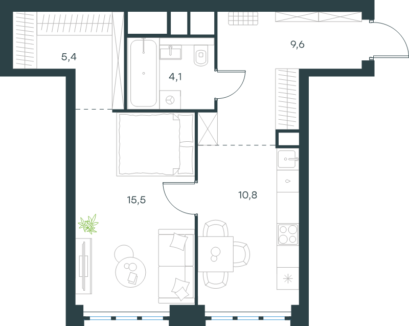 1 ккв 45,4 м²