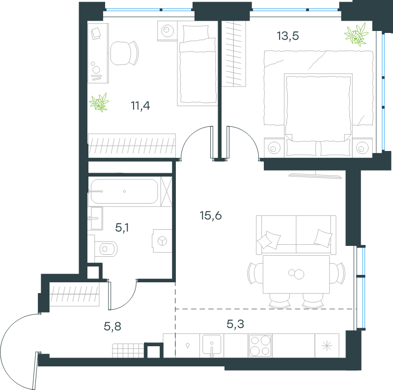 3 ккв (Евро) 56,7 м²