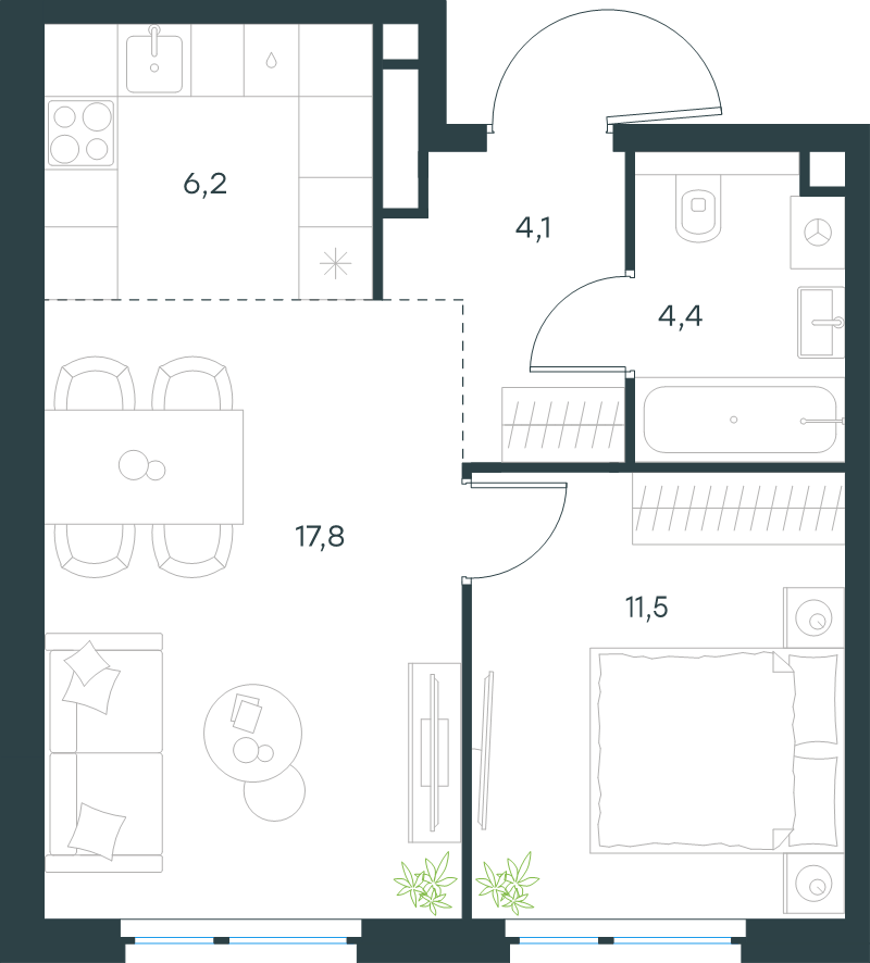 2 ккв (Евро) 44 м²