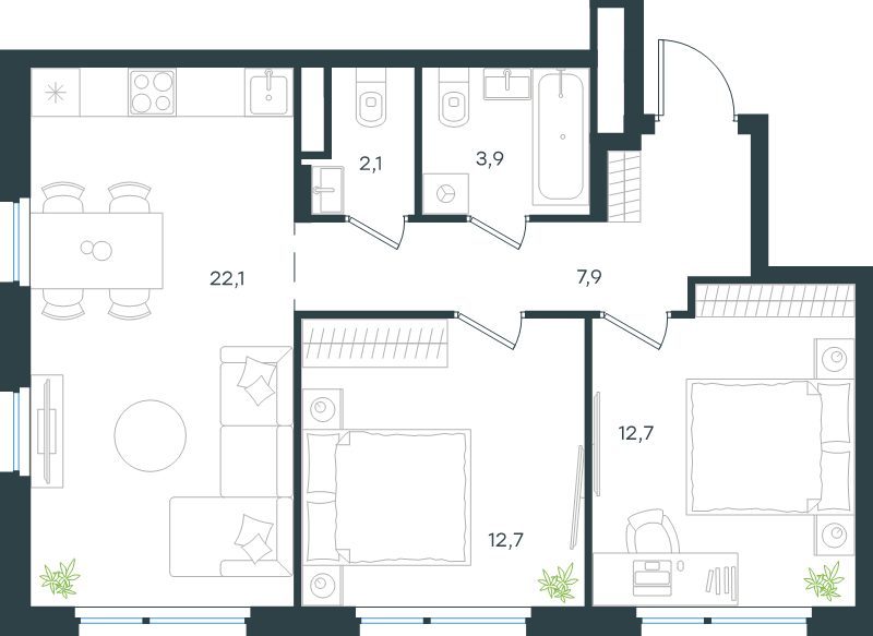 3 ккв (Евро) 61,4 м²