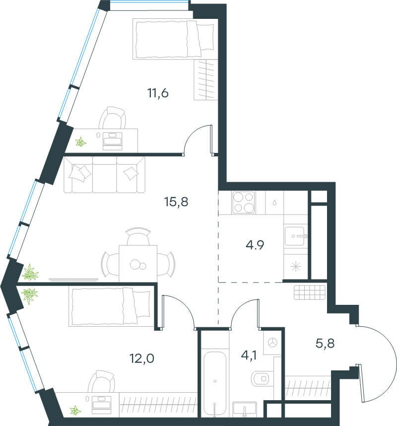 3 ккв (Евро) 54,2 м²