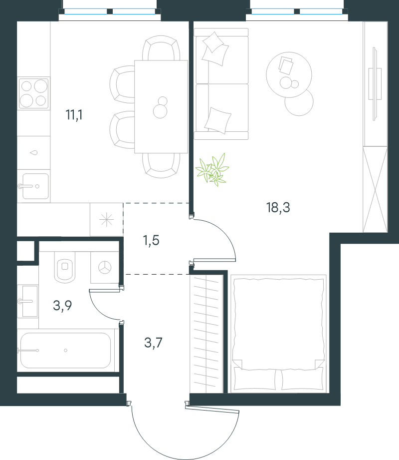 1 ккв 38,5 м²