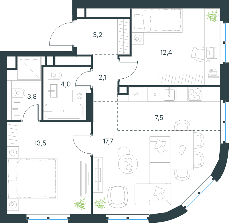 3 ккв (Евро) 64,2 м²