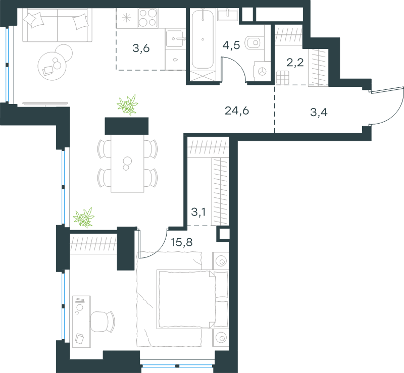 2 ккв (Евро) 57,2 м²