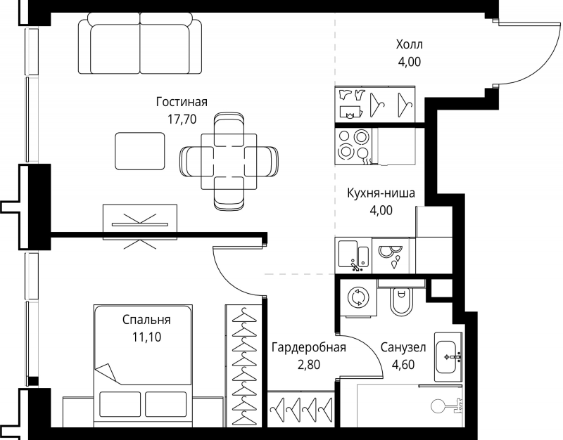 2 ккв (Евро) 44,2 м²