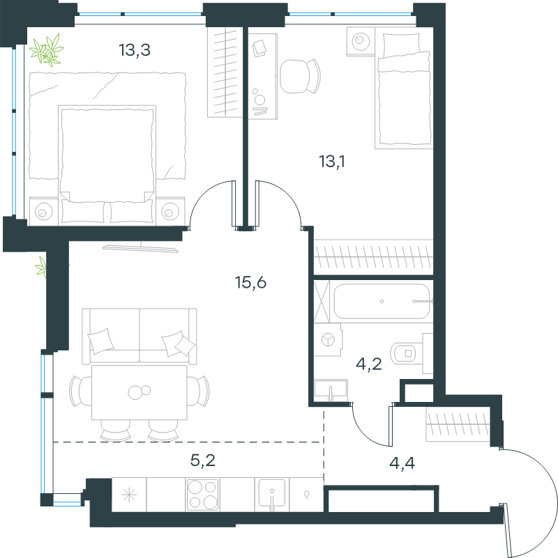 3 ккв (Евро) 55,8 м²