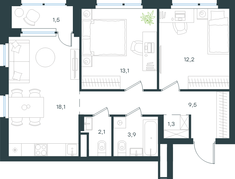 3 ккв (Евро) 61,7 м²