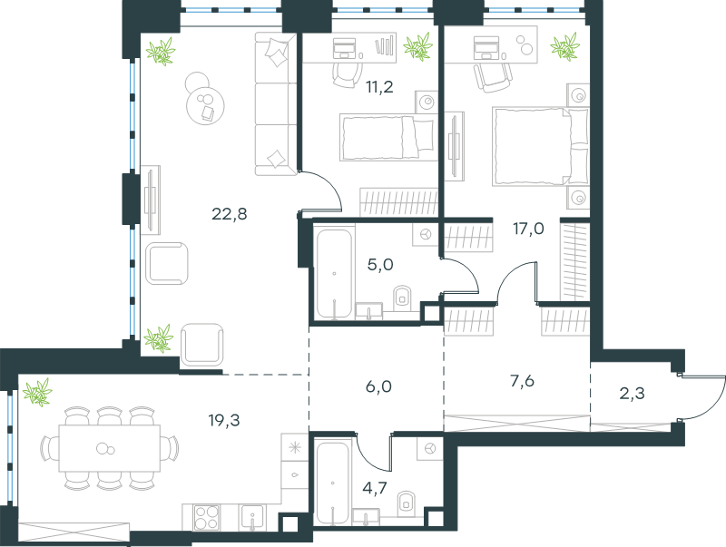 3 ккв (Евро) 95,9 м²