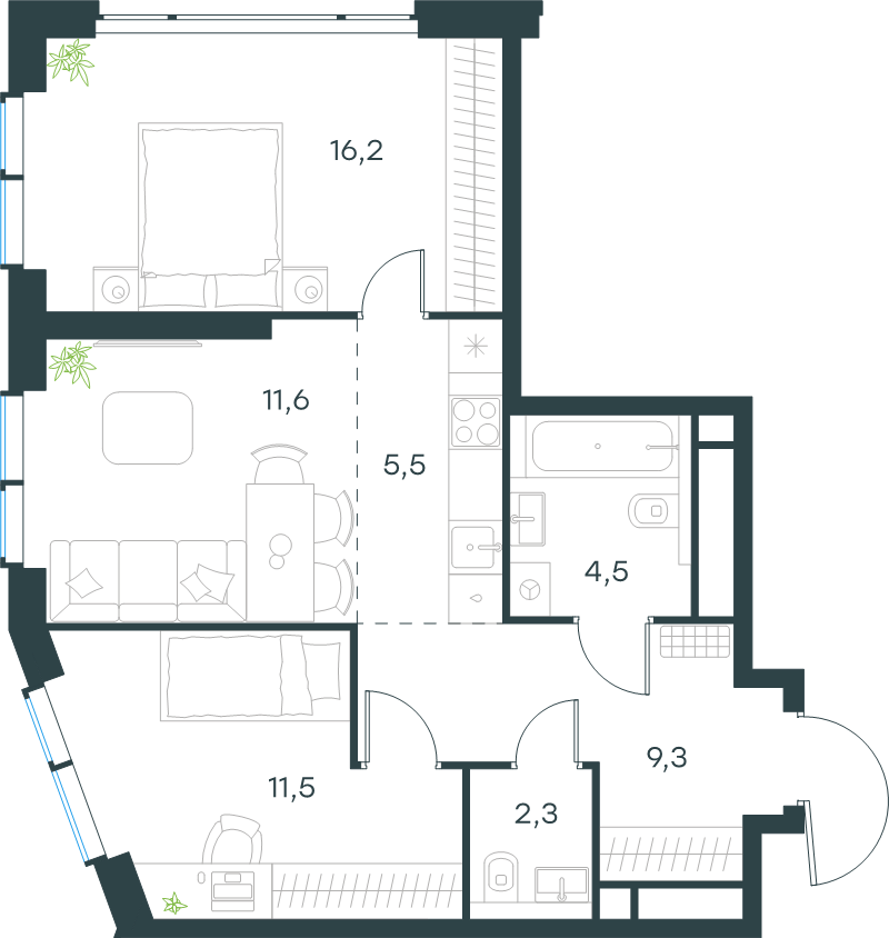 3 ккв (Евро) 60,9 м²