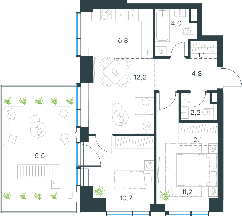 3 ккв (Евро) 60,6 м²