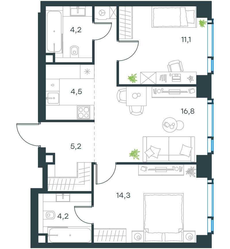 3 ккв (Евро) 60,8 м²