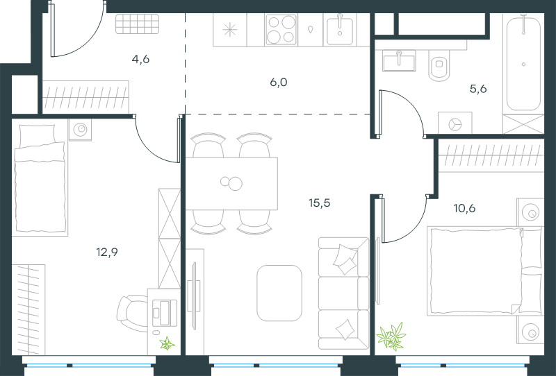 3 ккв (Евро) 55,2 м²