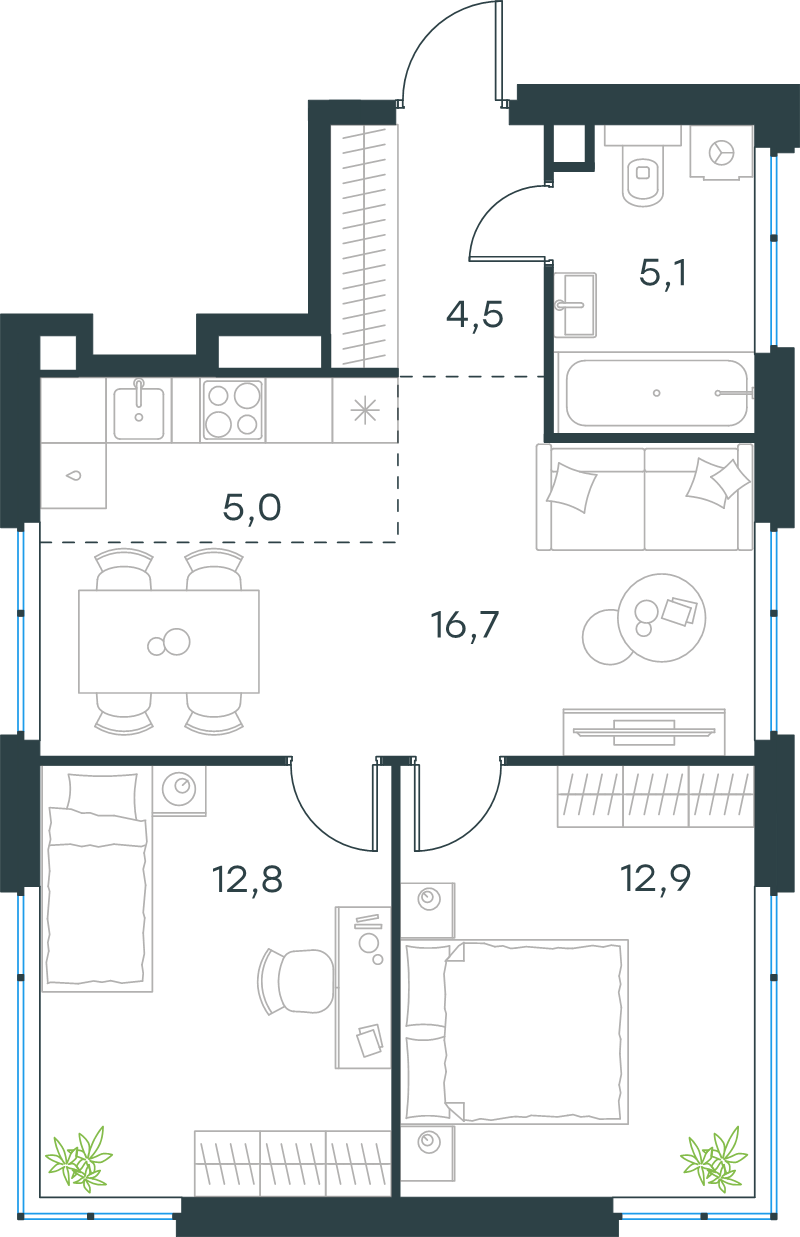 3 ккв (Евро) 57 м²