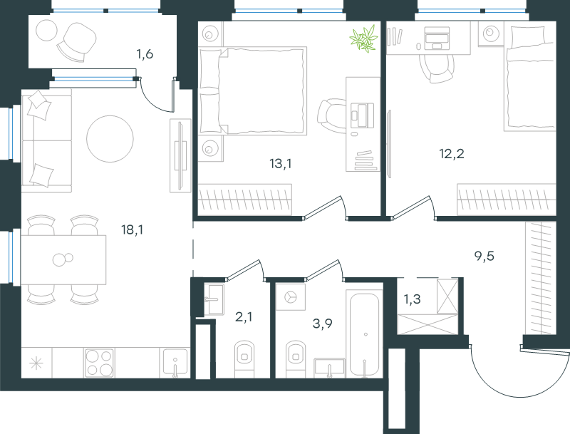 3 ккв (Евро) 61,8 м²