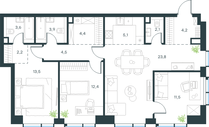4 ккв (Евро) 91,2 м²