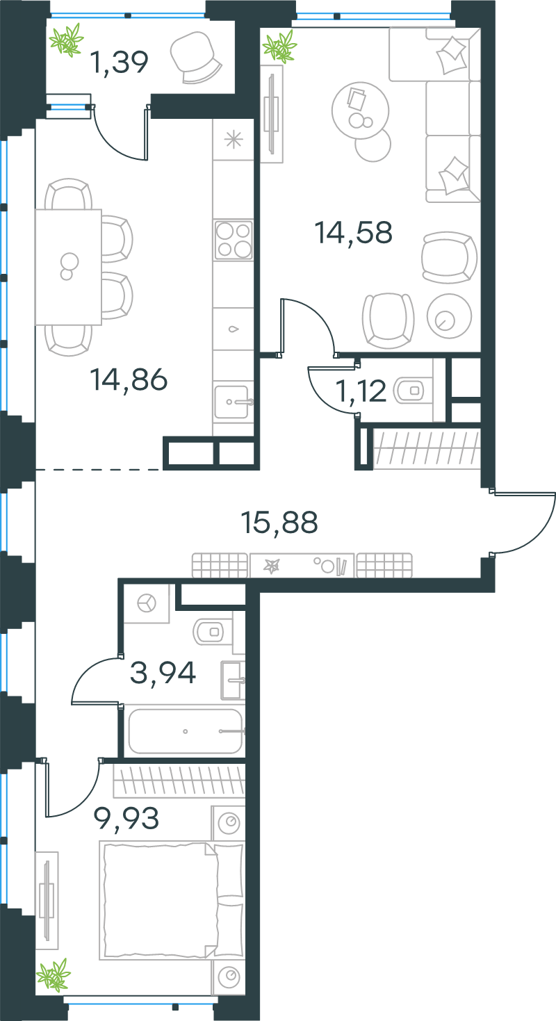 2 ккв 61,4 м²