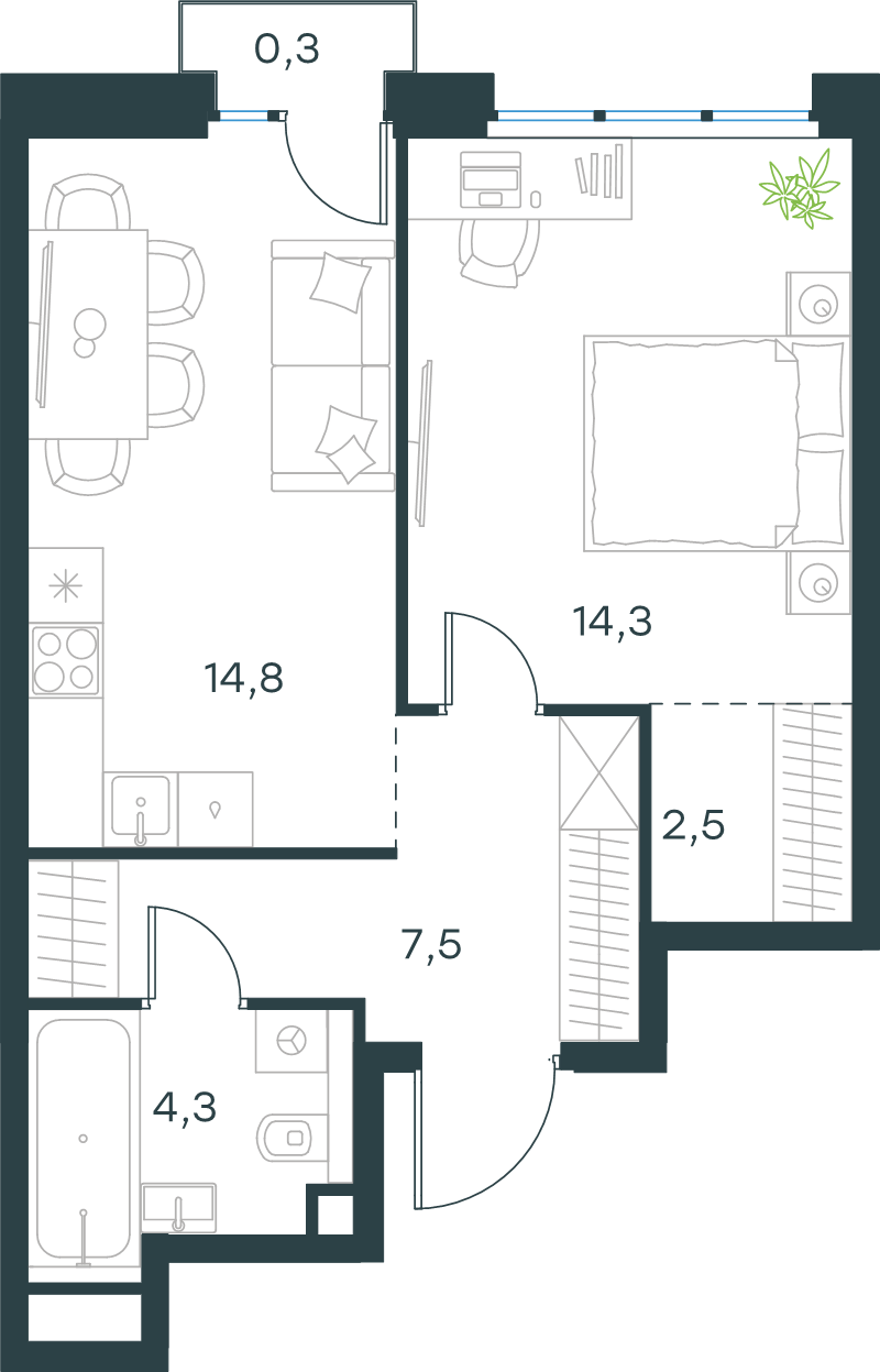 1 ккв 43,7 м²