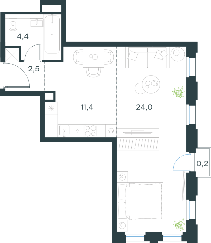 Студия 42,5 м²