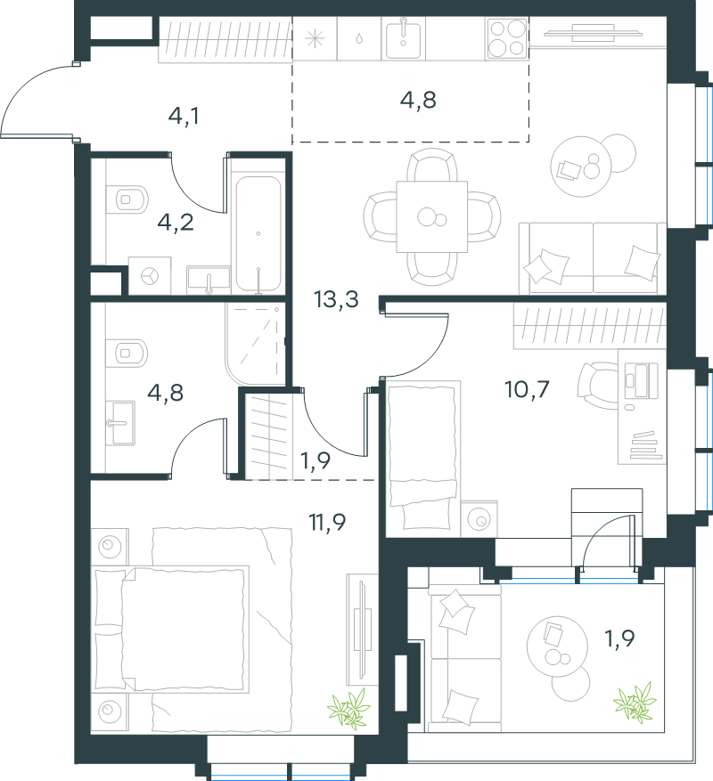 3 ккв (Евро) 57,6 м²