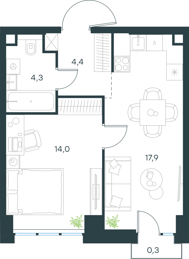 2 ккв (Евро) 40,9 м²