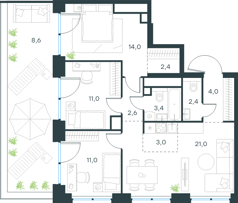 4 ккв (Евро) 83,4 м²