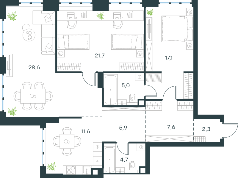 3 ккв 104,5 м²