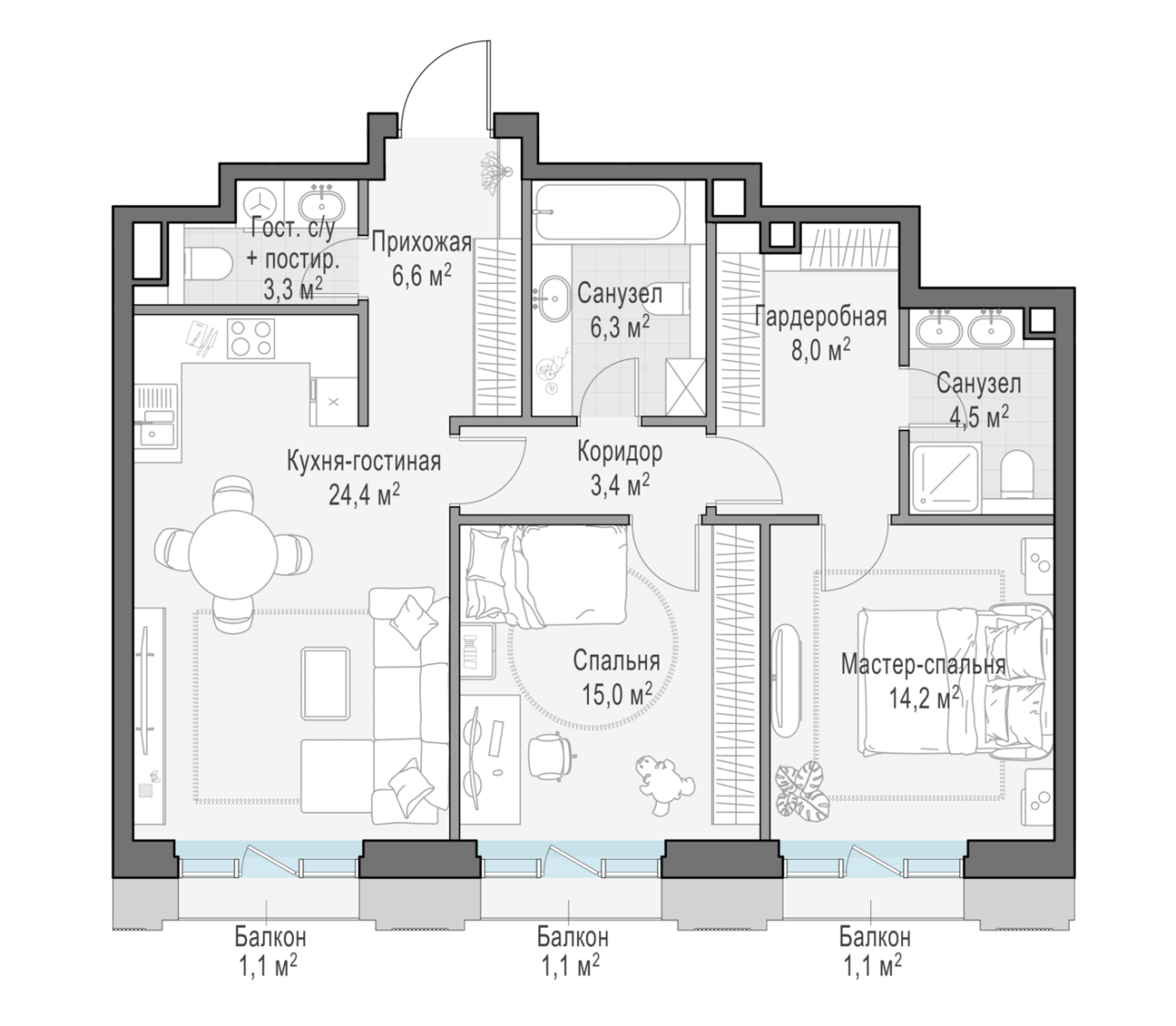 3 ккв (Евро) 86,7 м²