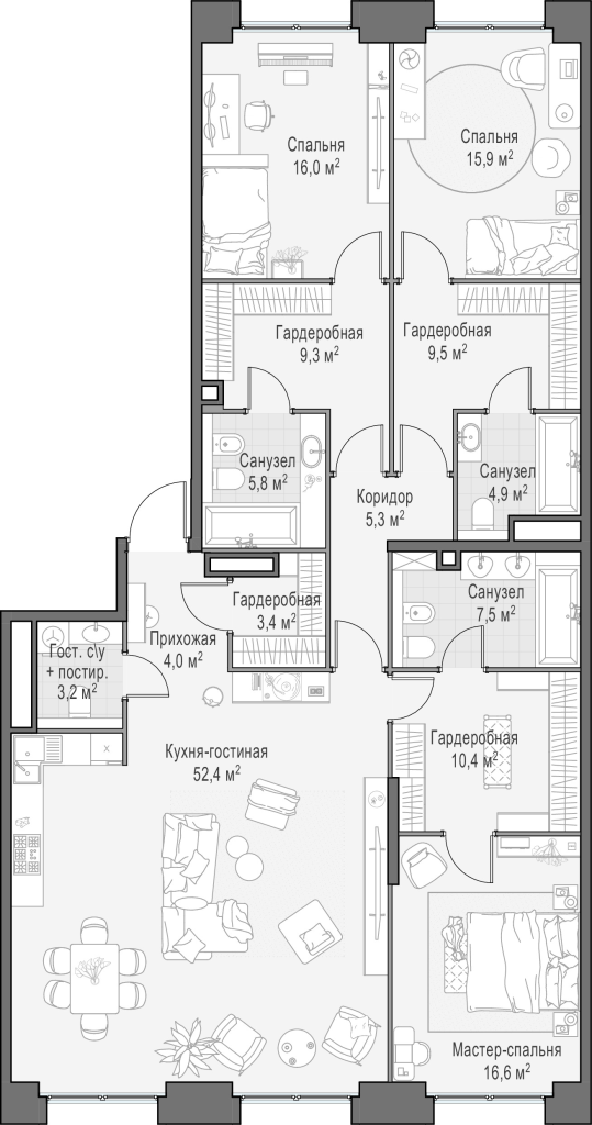 4 ккв (Евро) 164,2 м²