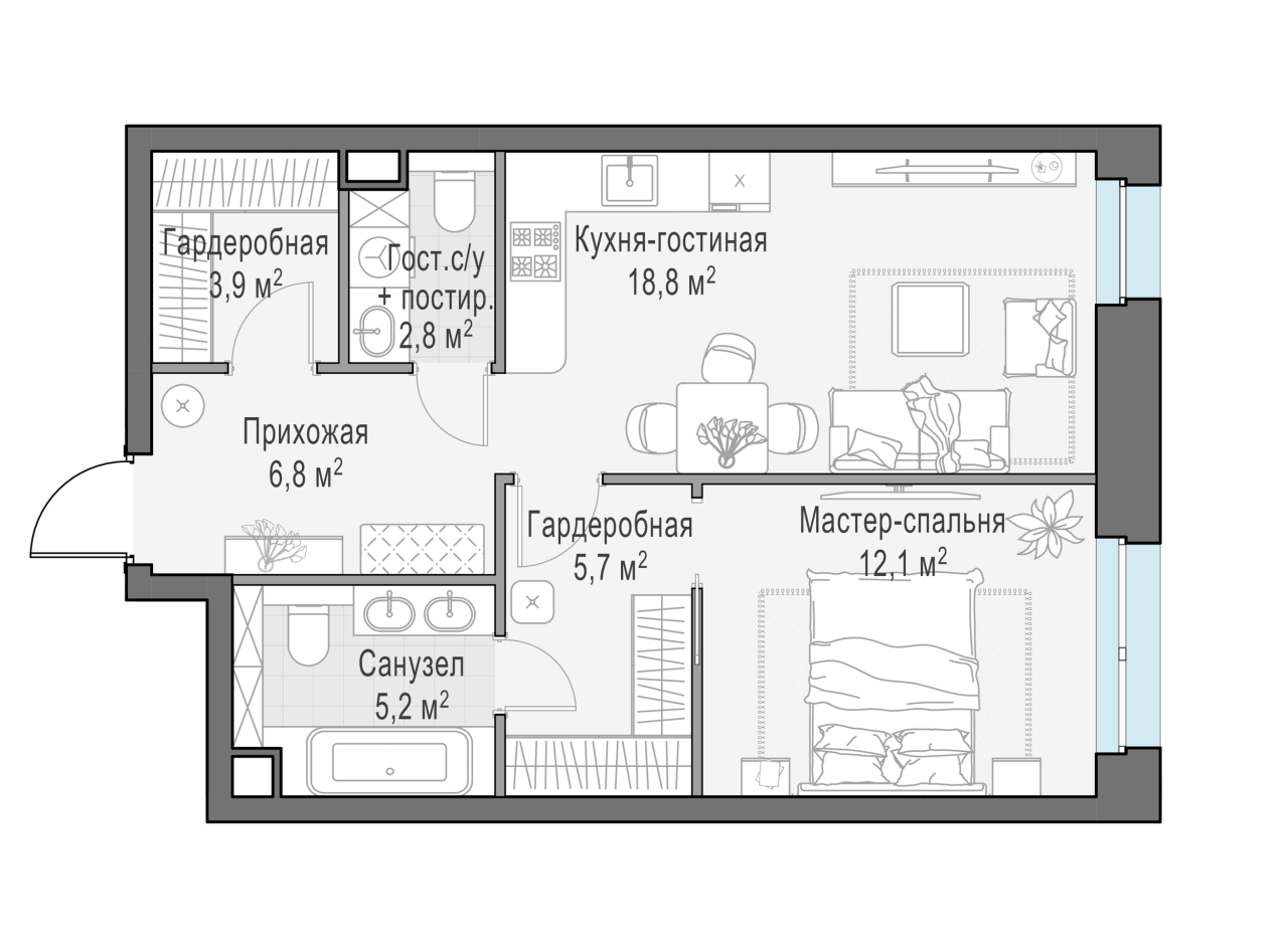 2 ккв (Евро) 55,8 м²