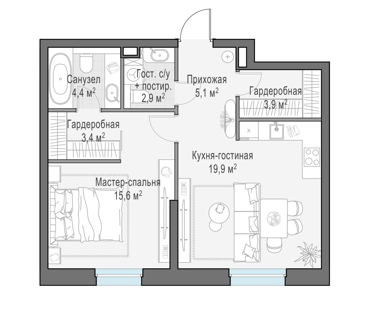 2 ккв (Евро) 55 м²