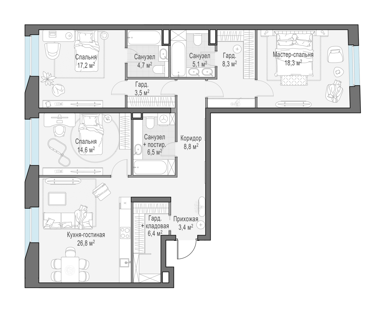 3 ккв (Евро) 124,8 м²