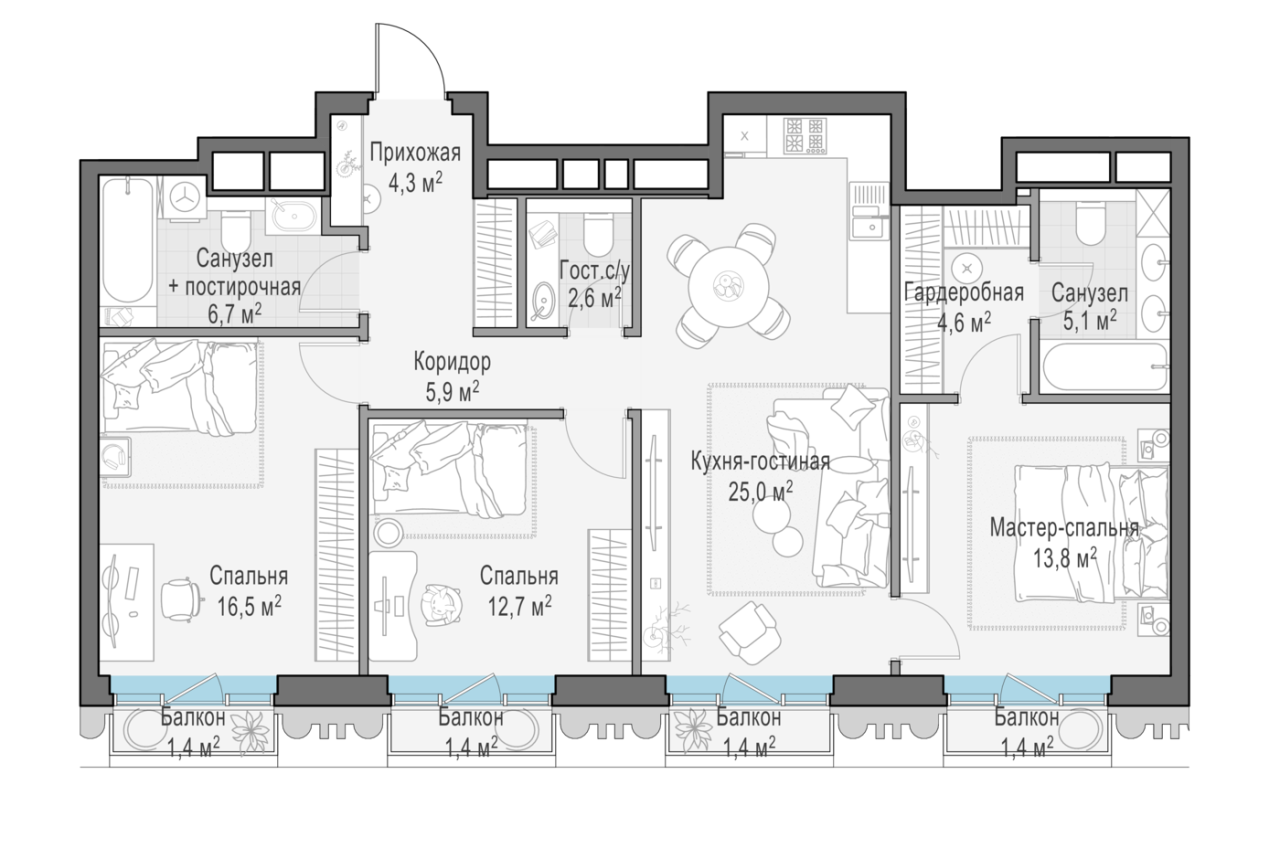 4 ккв (Евро) 98,6 м²