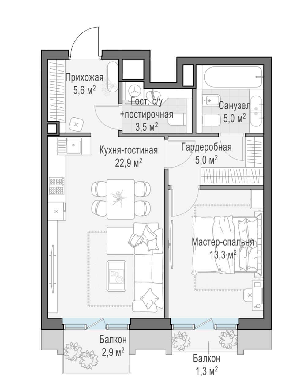 2 ккв (Евро) 57,4 м²