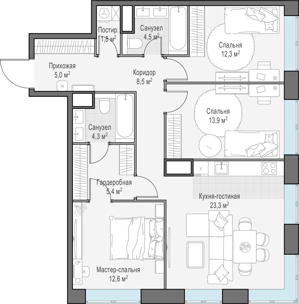 3 ккв (Евро) 91,7 м²