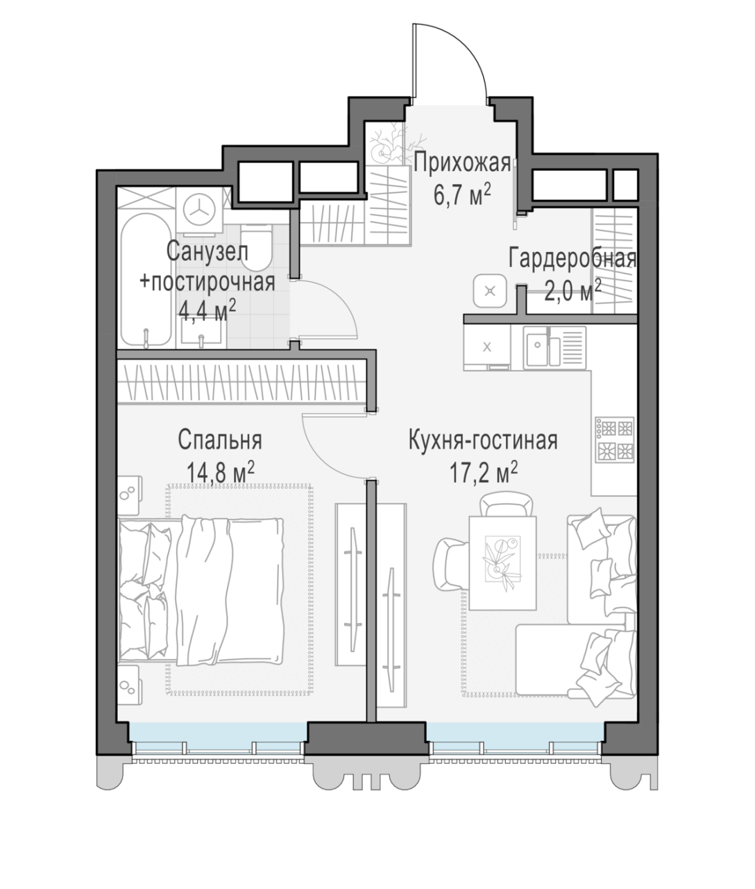2 ккв (Евро) 44,9 м²