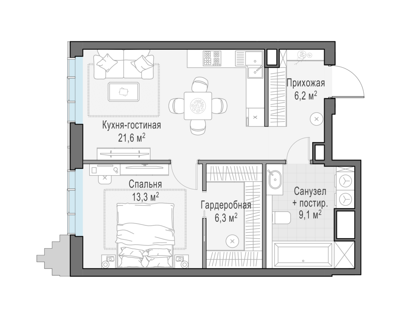 2 ккв (Евро) 56,3 м²