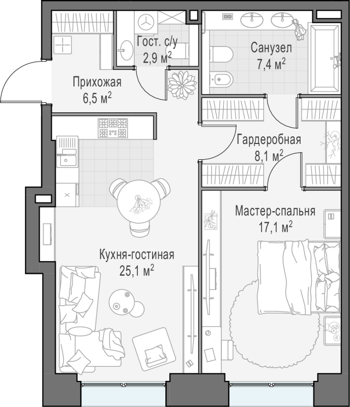 2 ккв (Евро) 66,8 м²