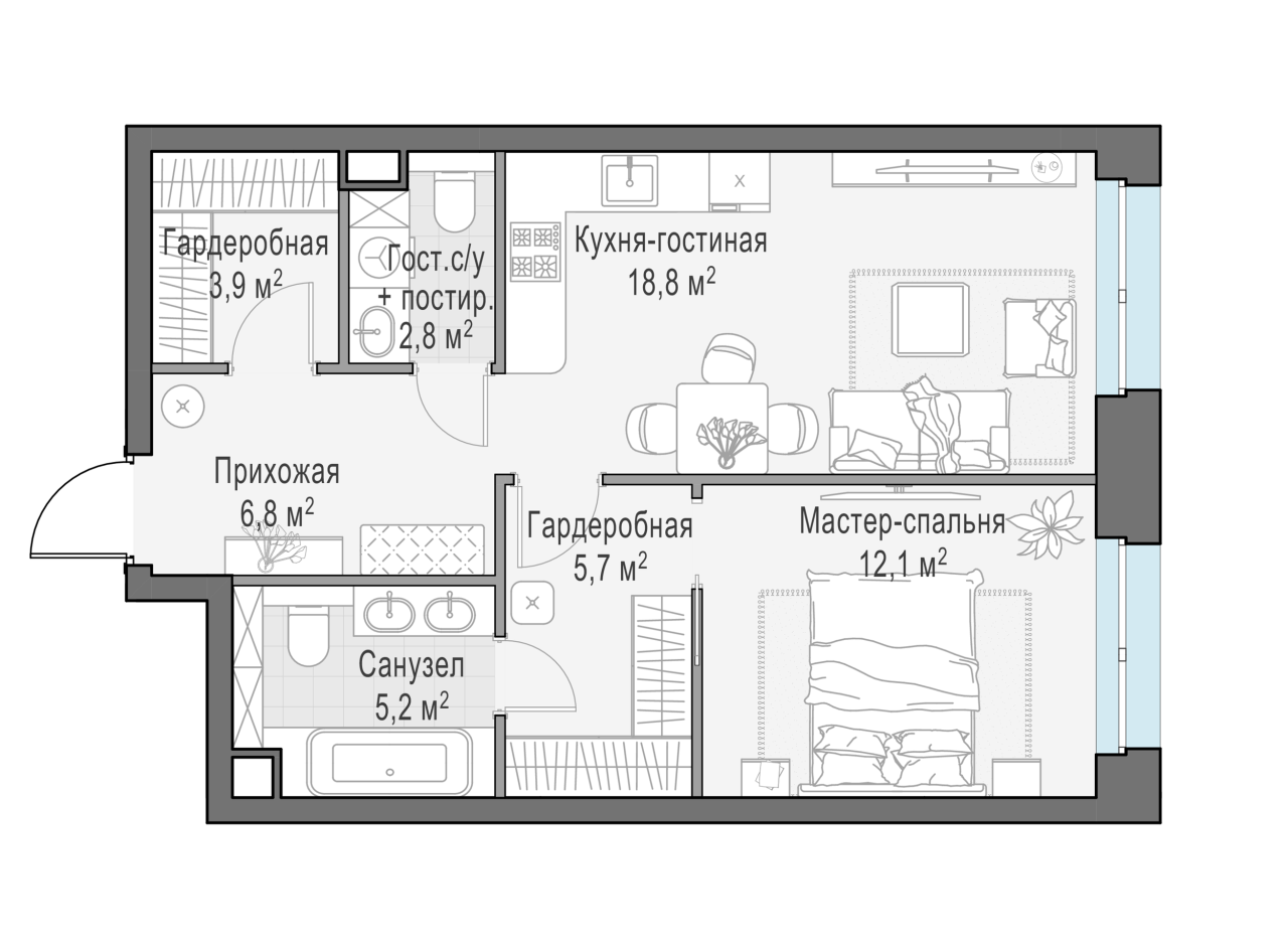 2 ккв (Евро) 55,9 м²
