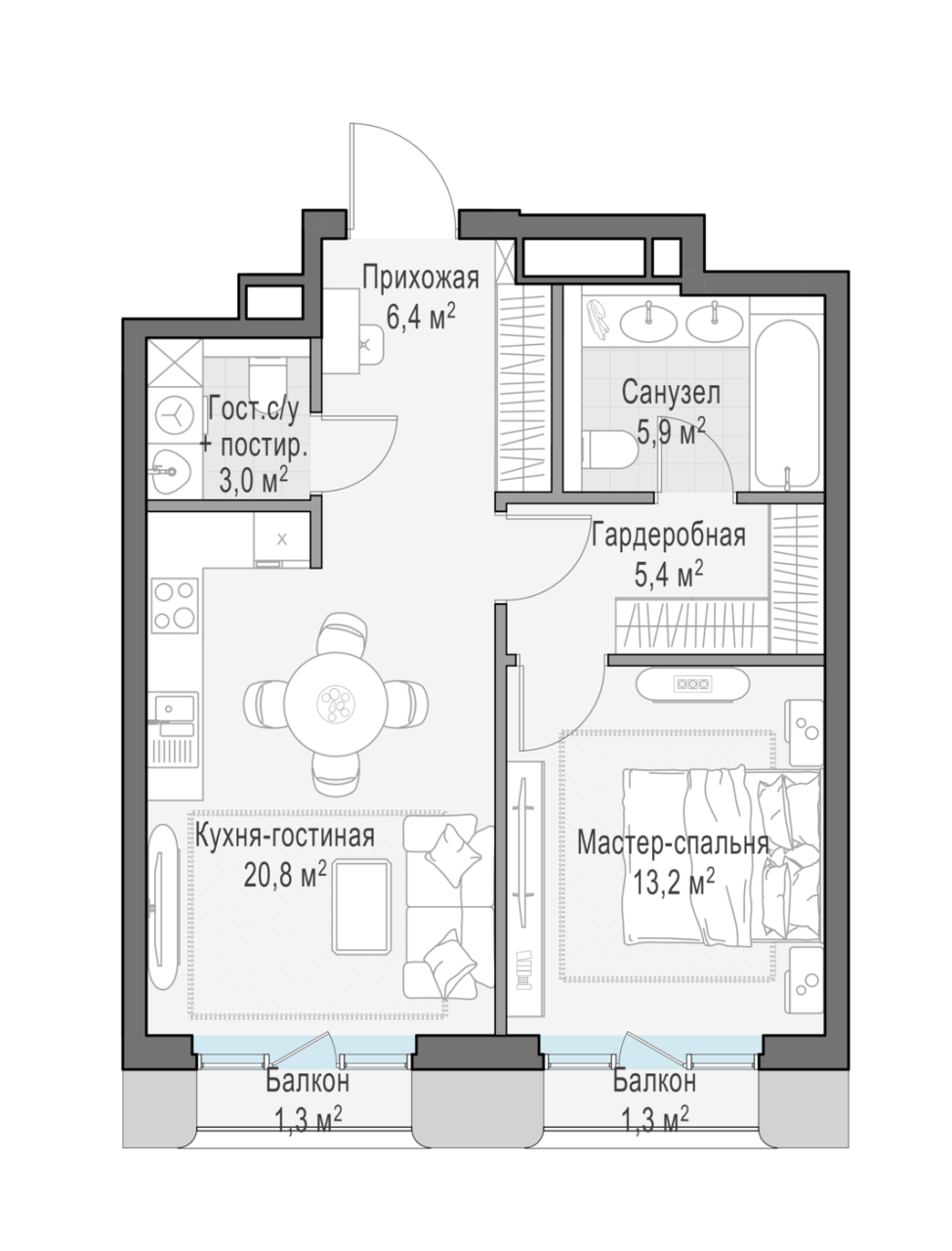 2 ккв (Евро) 56,2 м²