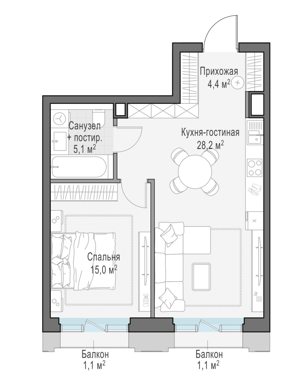 2 ккв (Евро) 53,4 м²