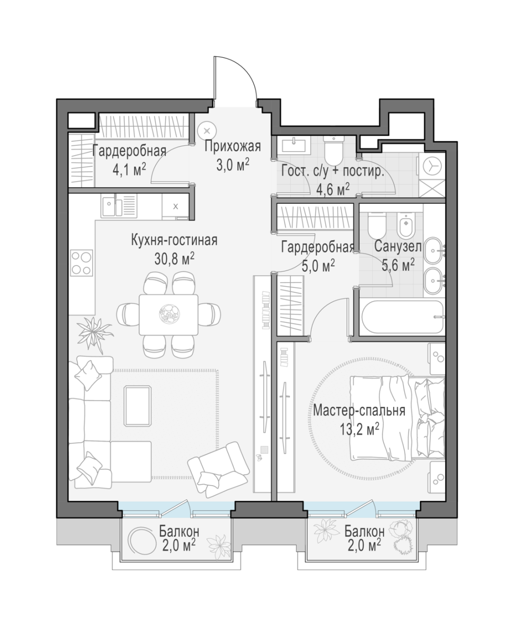 2 ккв (Евро) 68,6 м²