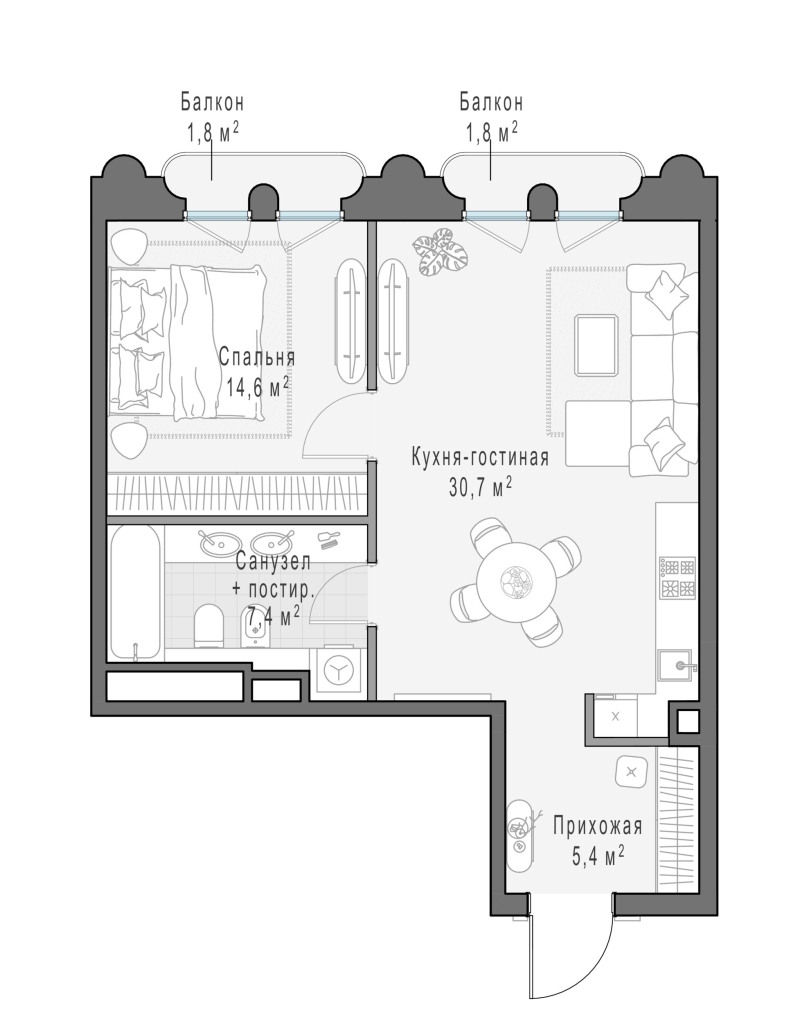 2 ккв (Евро) 59,9 м²