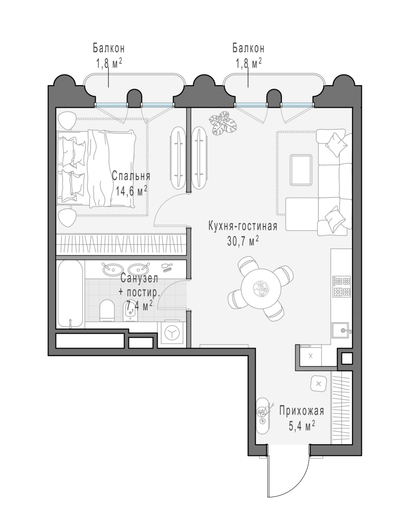 2 ккв (Евро) 59,9 м²