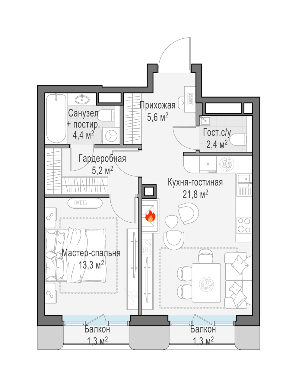 2 ккв (Евро) 53,7 м²