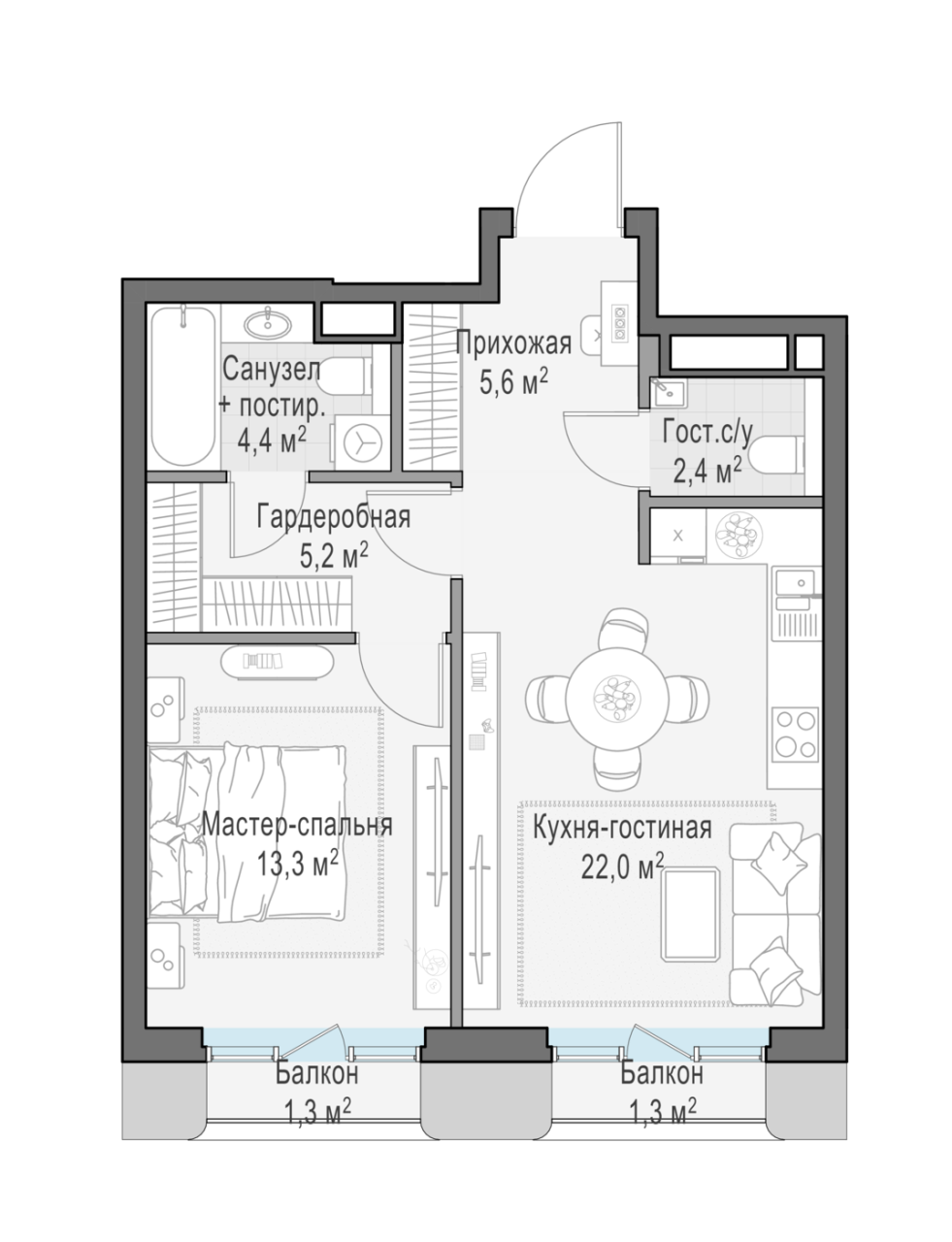 2 ккв (Евро) 54 м²