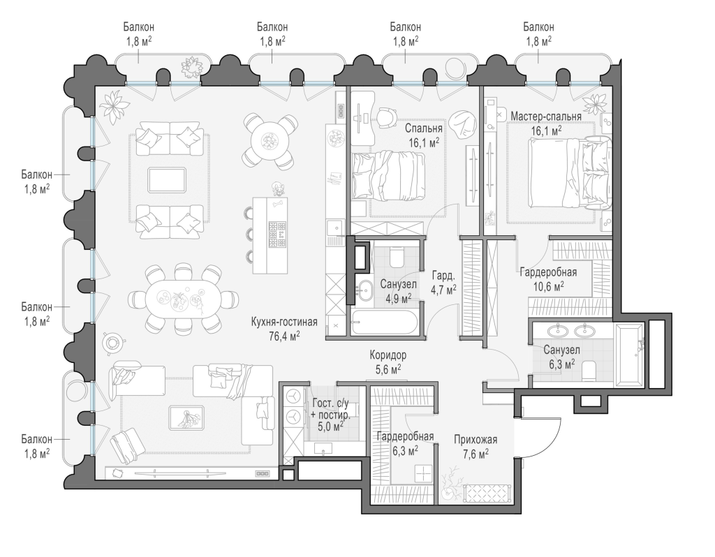 4 ккв (Евро) 164,2 м²