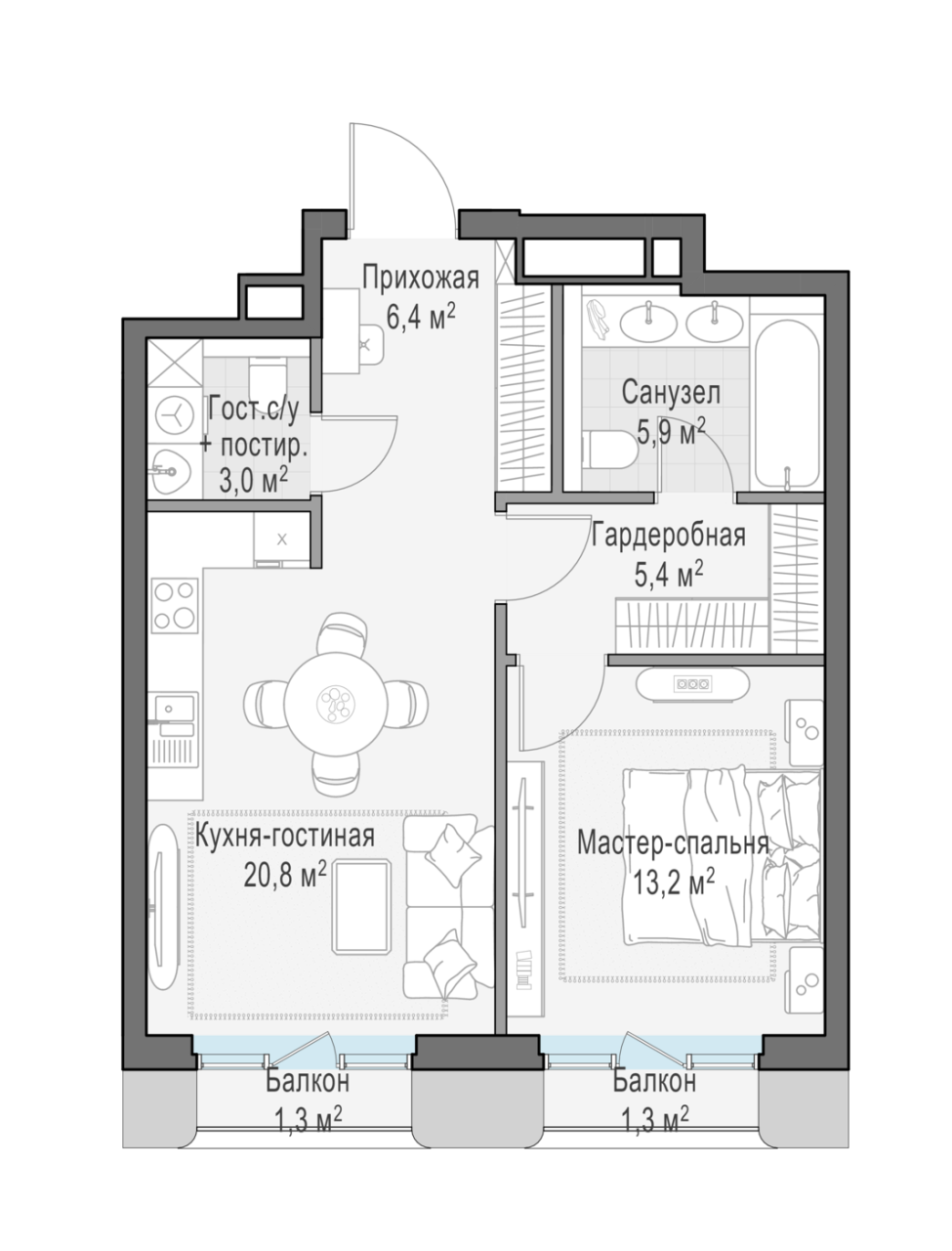 2 ккв (Евро) 55,6 м²