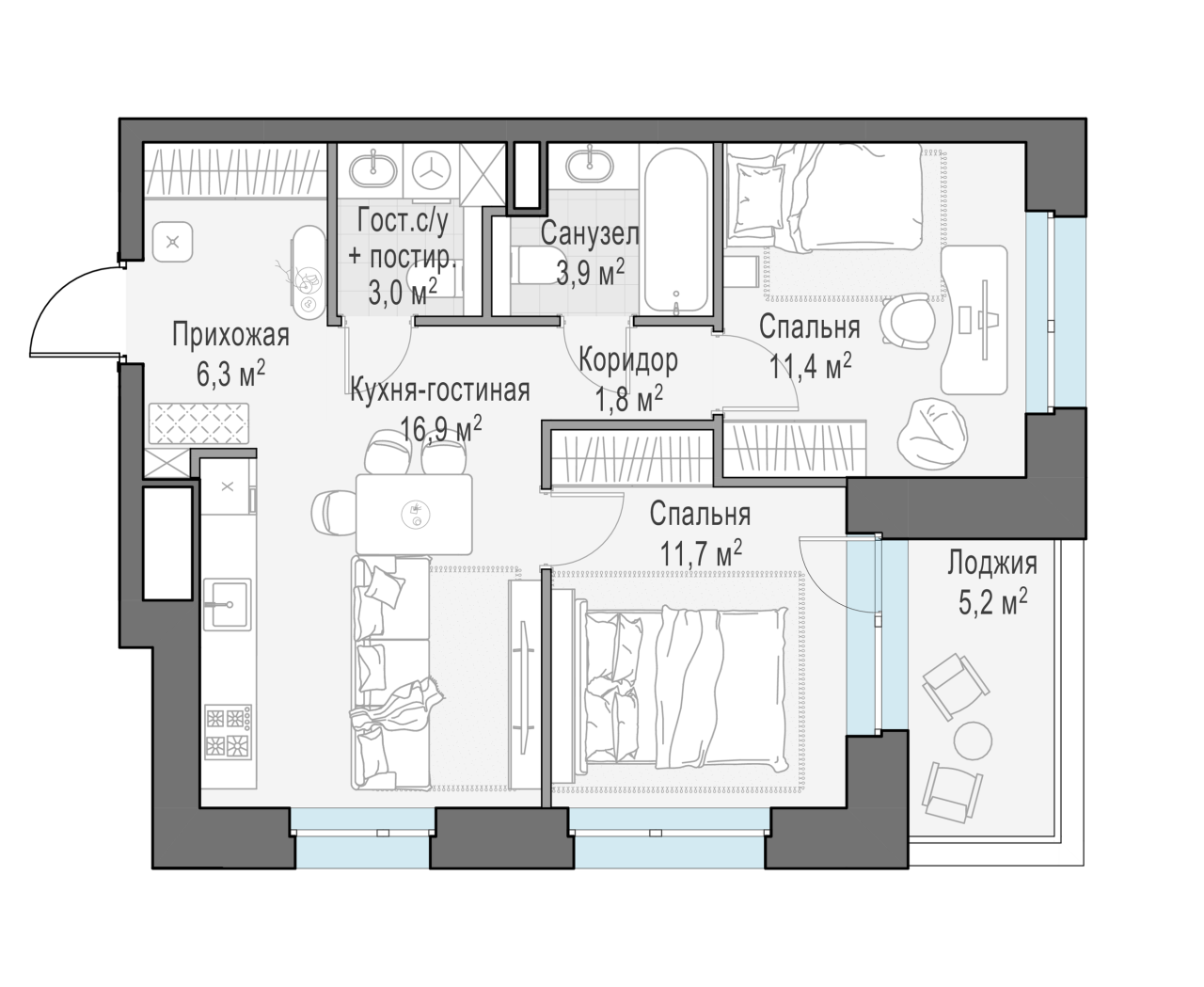 2 ккв (Евро) 57,8 м²