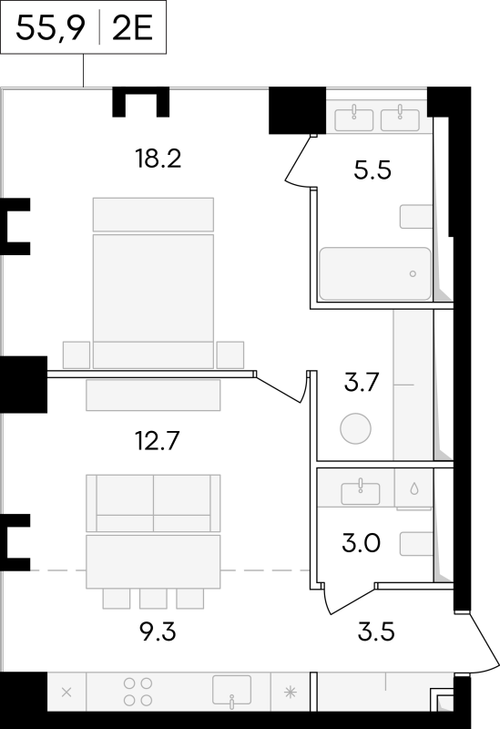 2 ккв (Евро) 55,9 м²